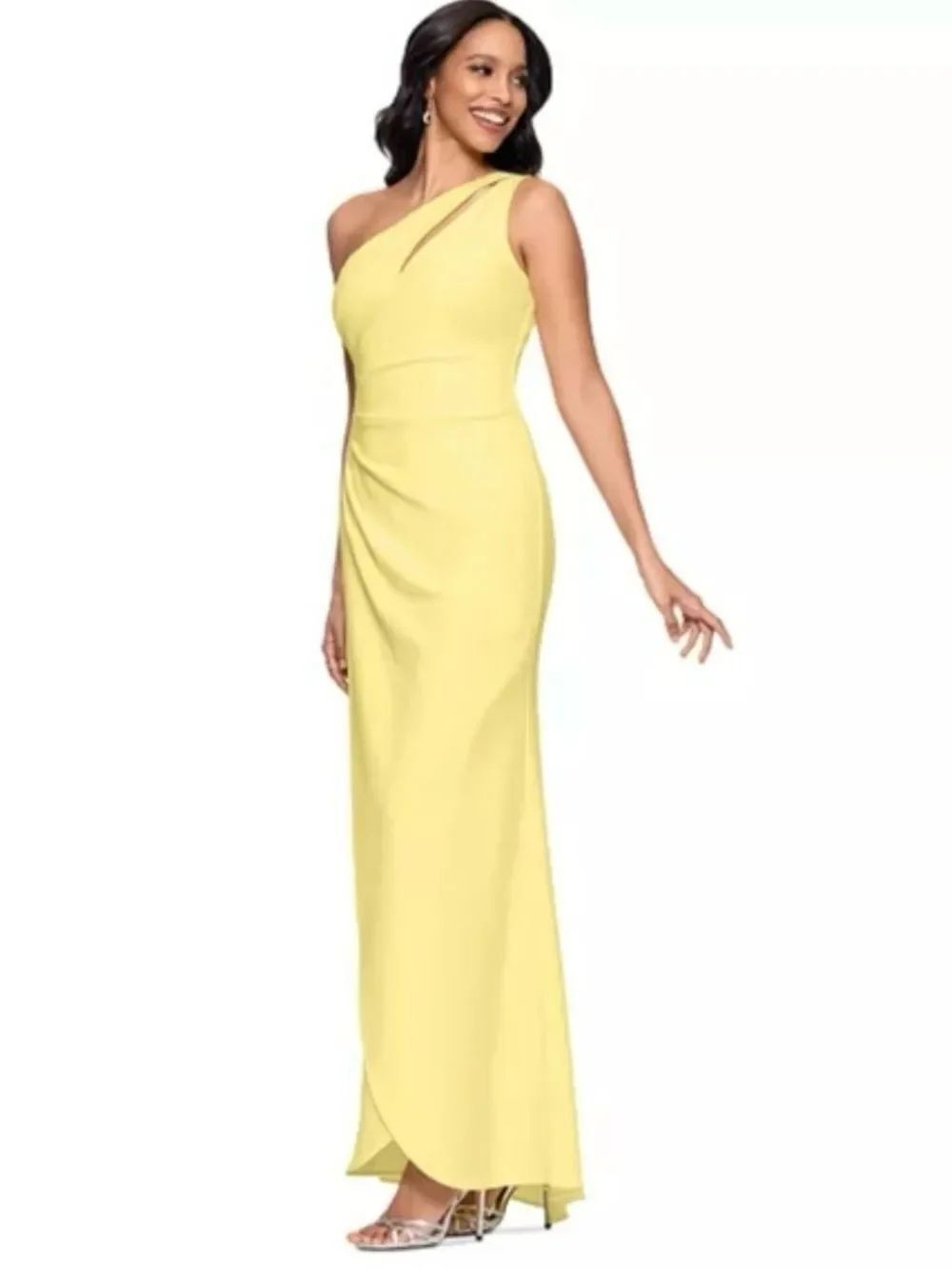 Betsy & Adam Petite Yellow One-Shoulder Ruched Gown Size 4P 4